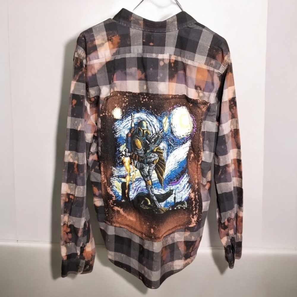Star Wars Upcycled Boba Fett/Van Gogh Starry Night Shirt XL 23” p2p